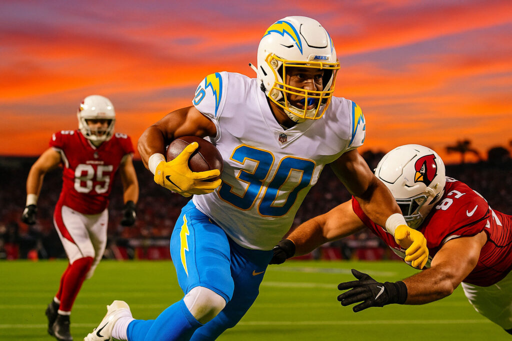 Los Angeles Chargers running back with sunset in background