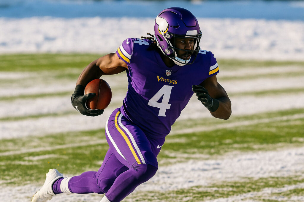 Minnesota Vikings player running with football on snowy field