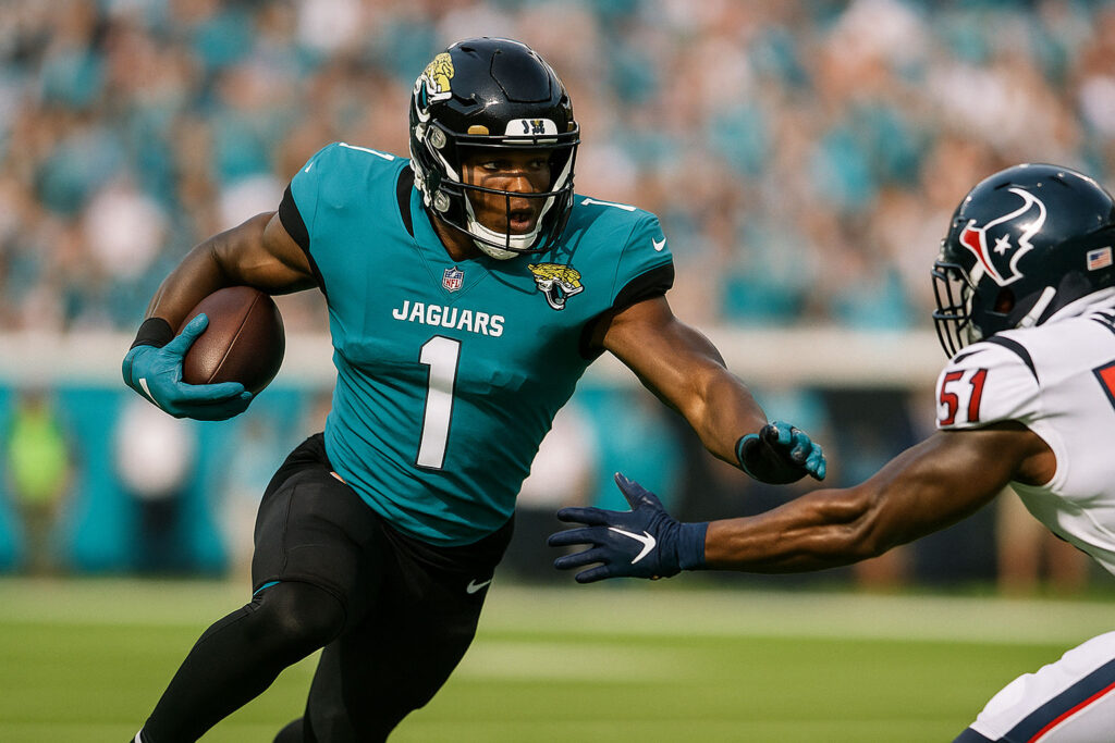 action image of Jacksonville Jaguars player facing a defender