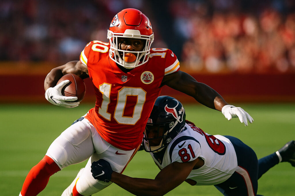 Kansas City Chiefs player breaking tackle; generated by AI