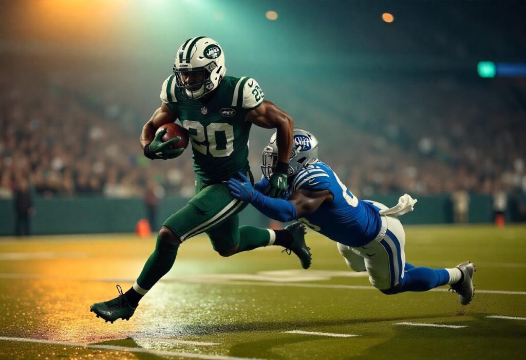 New York Jets running evades tackle under the lights
