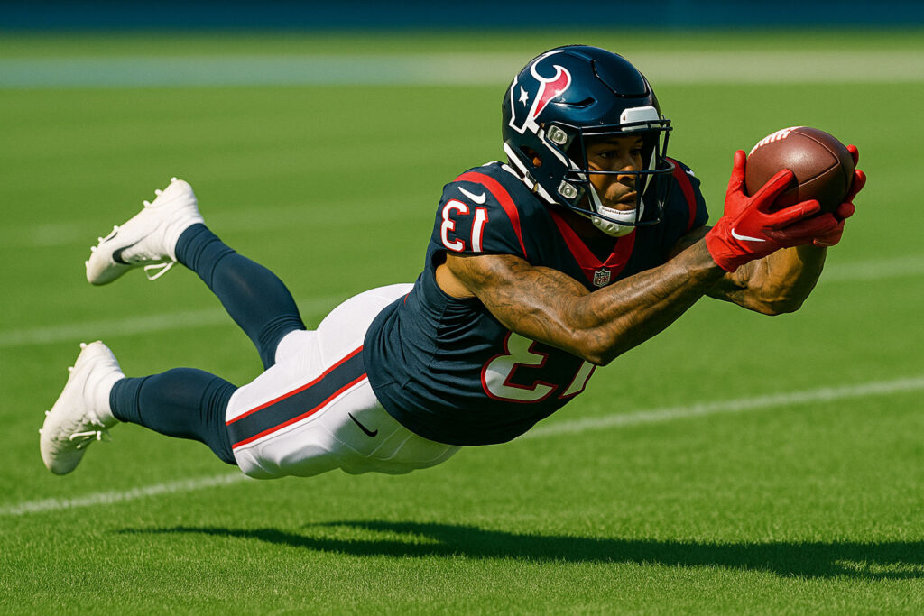Houston Texans football player diving to make a catch