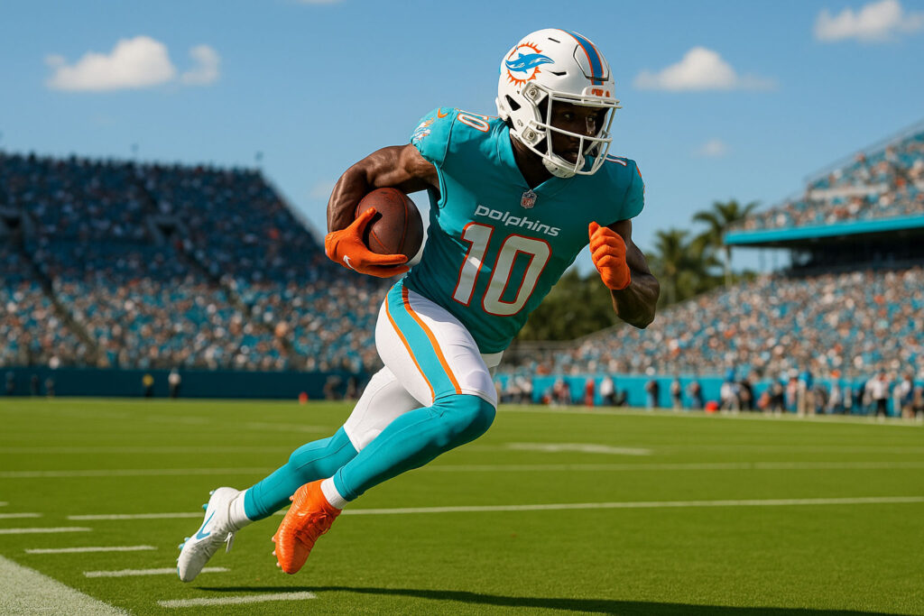 Miami Dolphins player streaking down football field on sunny Florida day