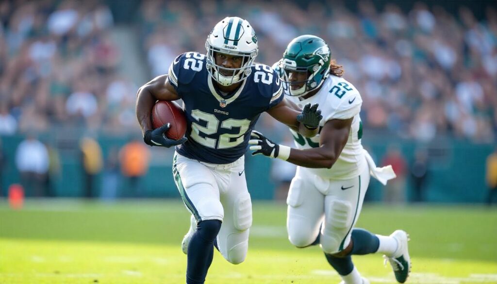 A New York Giants player wearing a blue uniform with the number 22 is running down the field while evading an Eagles defender, also wearing number 22. The player is gripping the football with both hands as the defender reaches out in an attempt to tackle him. The background shows a packed football stadium, capturing an intense moment on the field. Generated by AI
