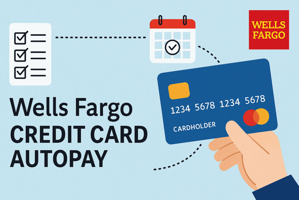 Illustration of a Wells Fargo credit card held in a hand, connected by dotted lines to a checklist and a calendar with a circled date. The background is a clean, light blue, suggesting simplicity and automation. The visual conveys the concept of scheduling and managing credit card autopayments.