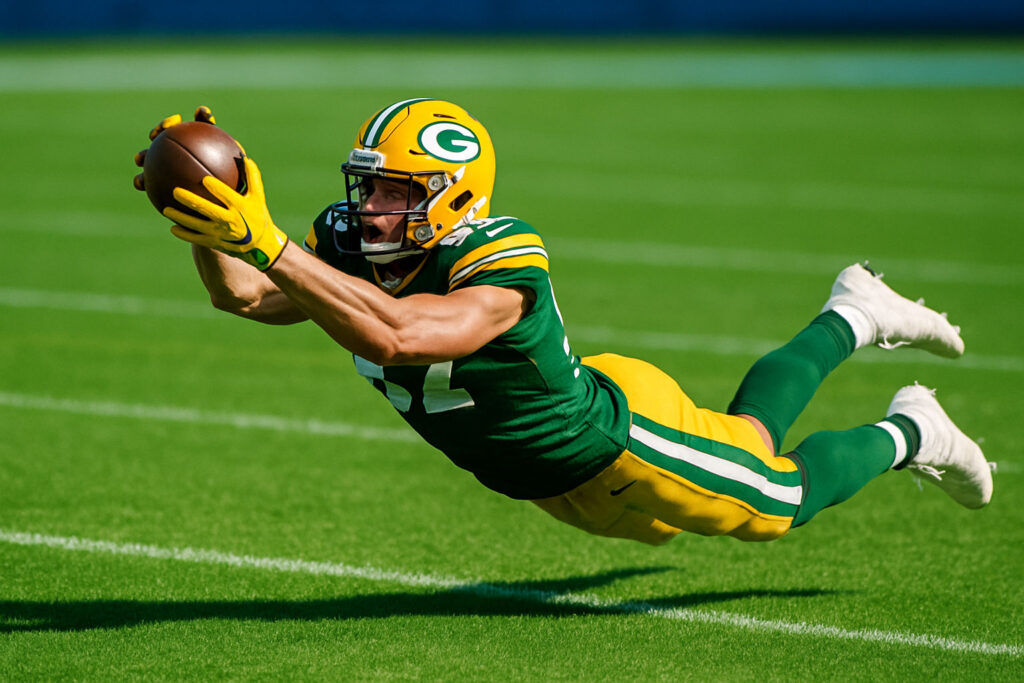 Green Bay Packers player making diving catch; AI generated